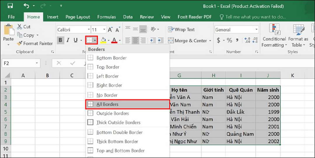 Tạo bảng excel bằng border