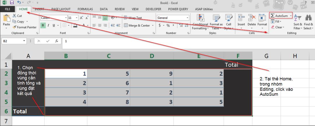 Cách tính tổng trong excel bằng cách sử dụng AutoSum