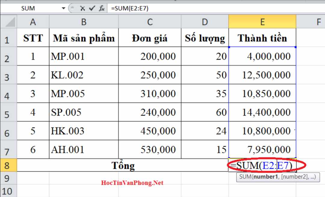 Các thao tác thực hiện tính tổng Subtotal