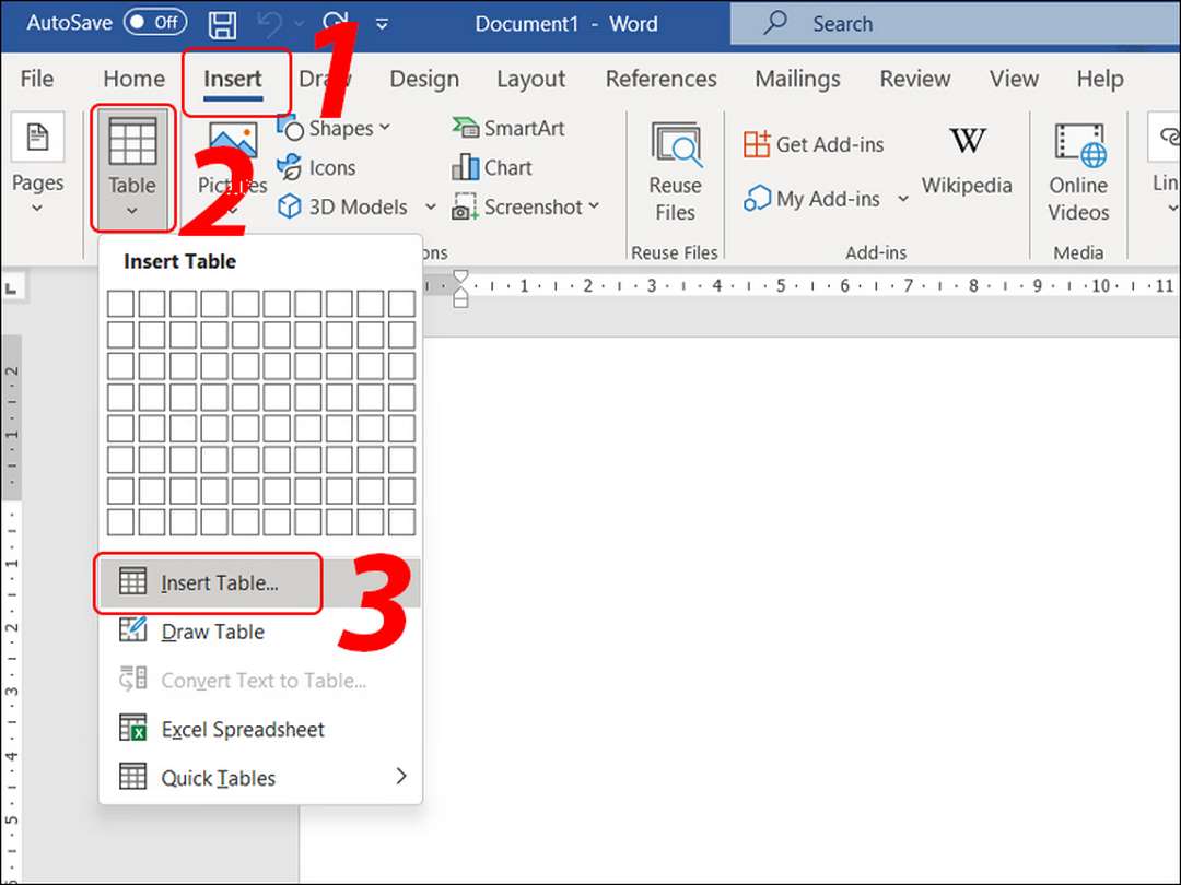Bước 1 khi dùng cách tạo bảng trong Word bằng Insert Table