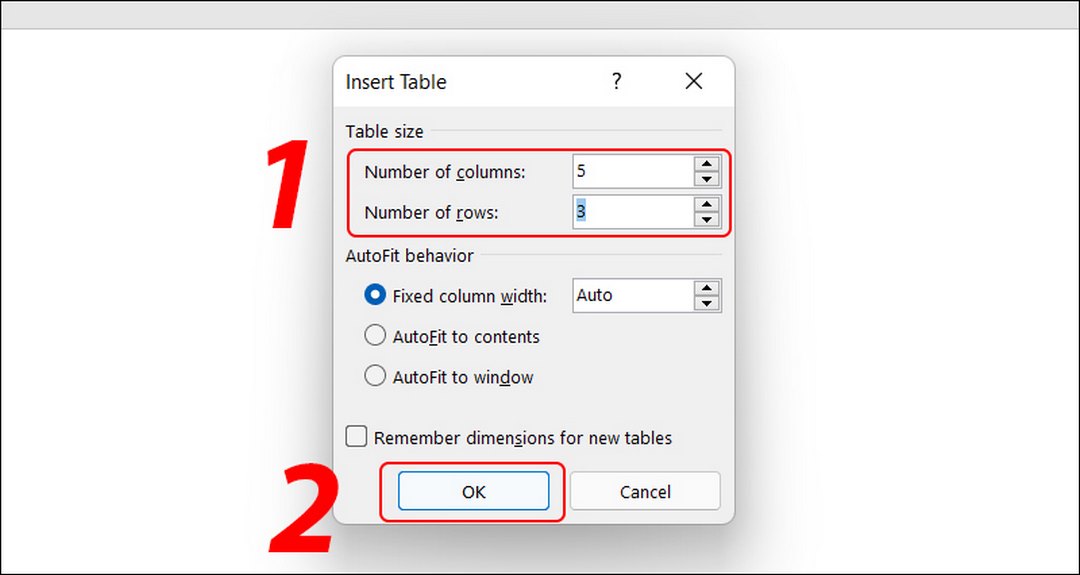 Bước 2 khi dùng cách tạo bảng trong Word bằng Insert Table