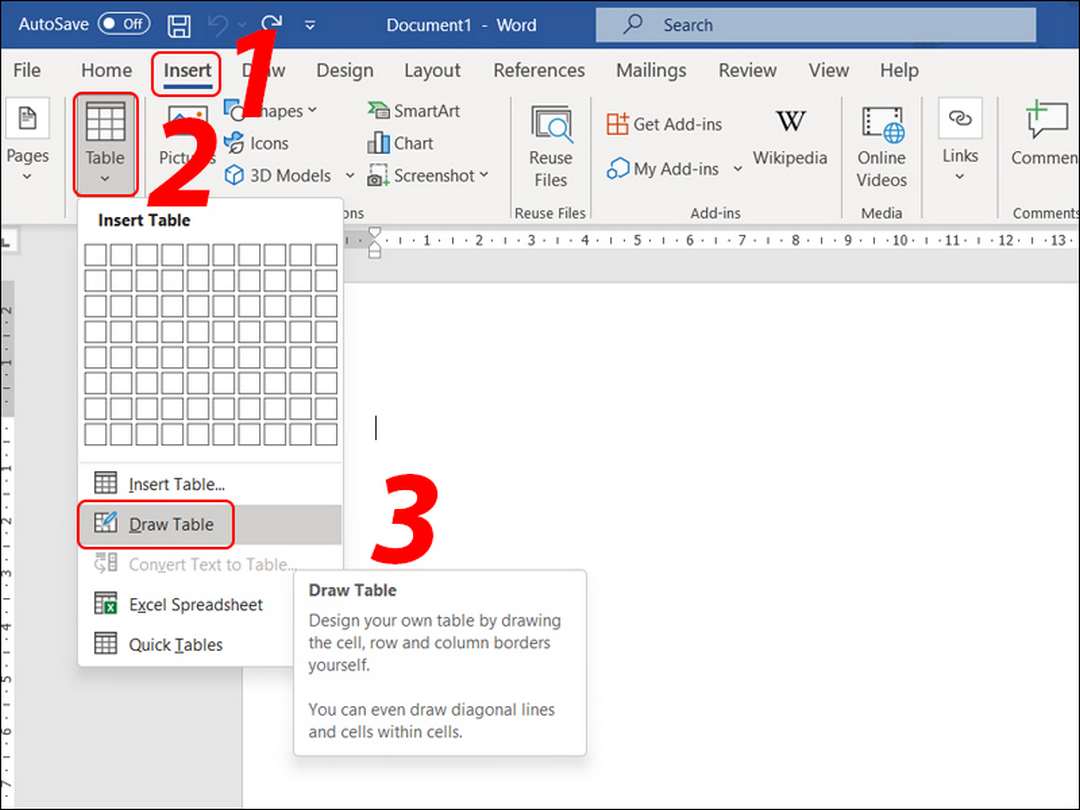 Bước 1 trong quá trình tạo bảng Word bằng Draw Table