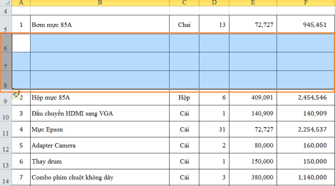 Chèn thêm hàng, thêm dòng là điều rất dễ thấy trong excel 