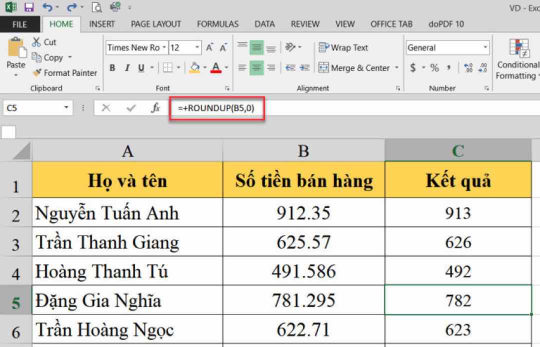 Cách làm tròn lên bằng hàm Round trong Excel