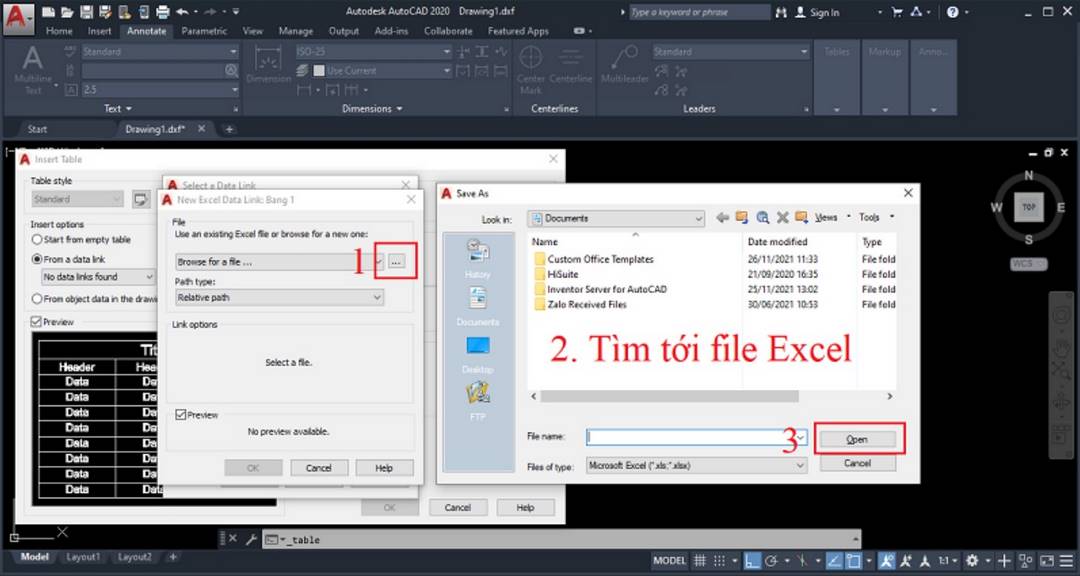 Tìm vị trí file Excel để chuyển Excel sang CAD