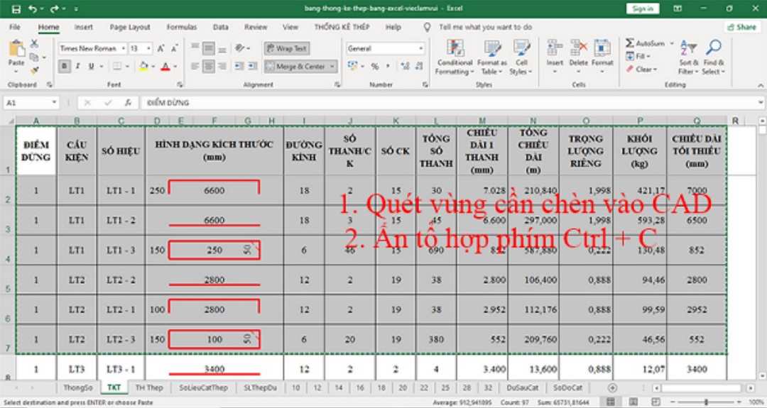 Chọn vùng cần copy để chuyển Excel sang CAD