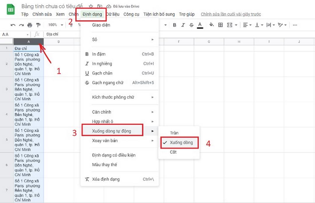 Cách xuống dòng trong Google Sheets tự động